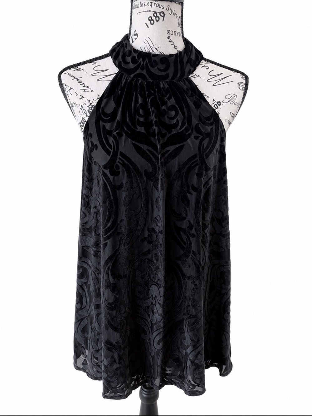 Francescaโs Davina Black Burnout Velvet Halter Swing Dress S